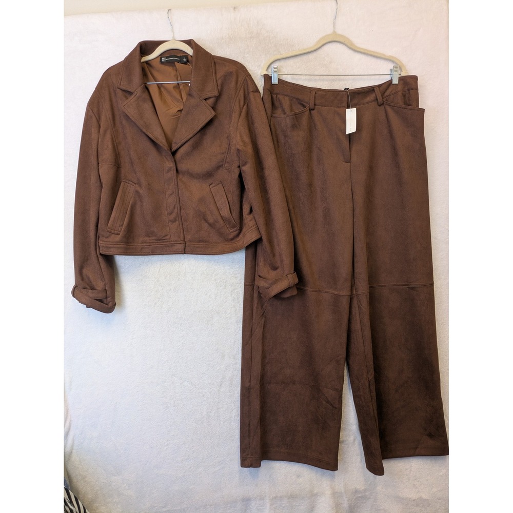 New York & Company Brown Faux Suede Cropped Jacket Wide Leg Pants L